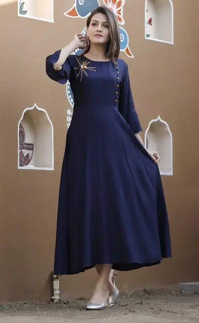 Women's Navy Blue Rayon Gown With Hand Work