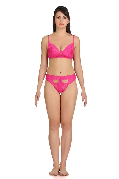 Pink Net Bra Panty Set For Women's
