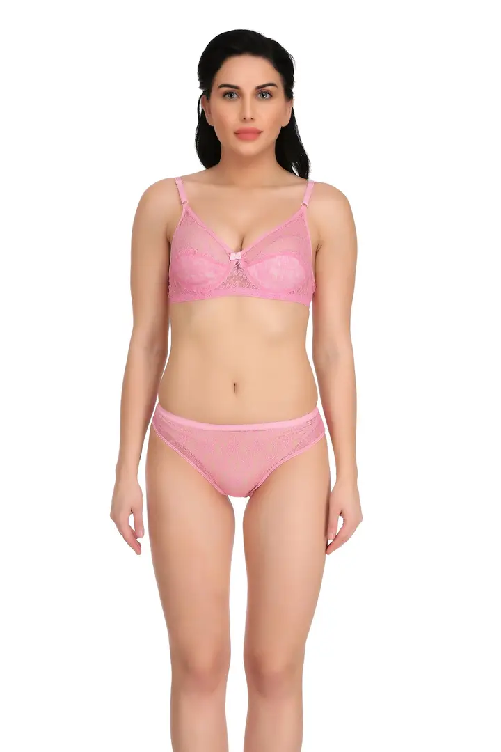 Pink Net Bra Panty Set For Women's