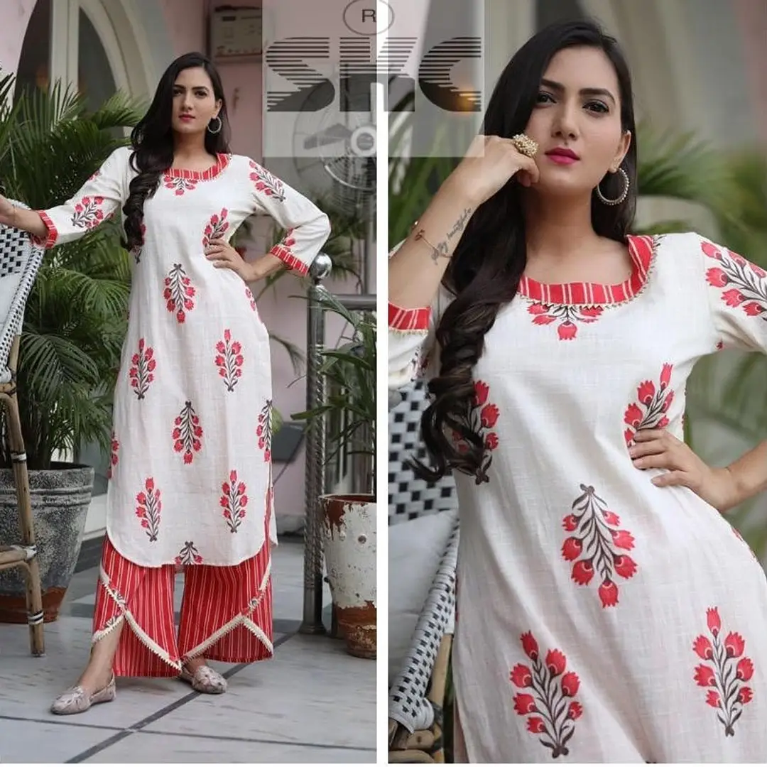WHITE/RED SKC PRINTED KURTI PLAZO SET