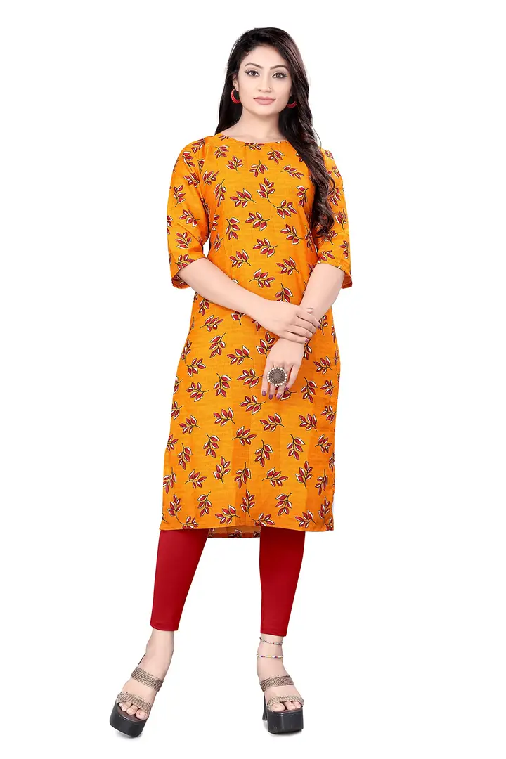 HIRLAX Fancy Kurtis for Women Printed Straight Crepe Kurti Long Kurtis for Women Kurtis for Daily Office Routine Wear for Girls Ethnic wear for Women Yellow Colour