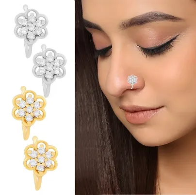 Stylish Pressing Nose Pin Stud Non Piercing Clip On Gold Nose Ring Without Piercing For Women And Girls 3 Pcs Combo Nose Pins