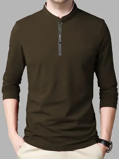 Polyester Blend Full-sleeve Mandarin Collar Tees Fashionable T-shirt for Men