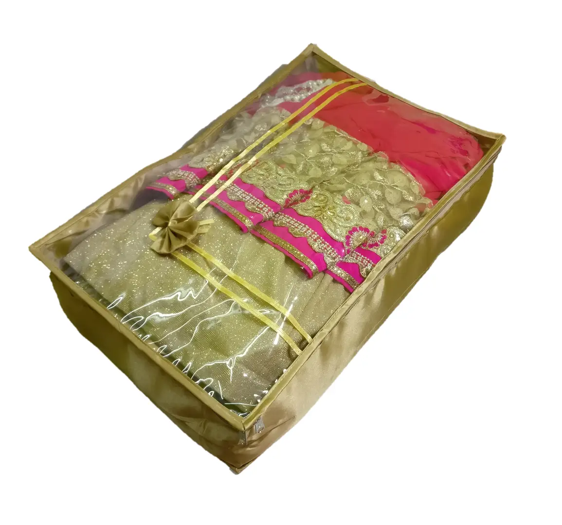 Buy KIWI BAGS Transparent Lehenga Saree Cover/Satin Cloth Storage Bag with  Handles/Lehenga,Saree,Heavy Dresses Packing Covers For Wedding with  Zipper/Foldable Wardrobe Organizer for Dresses-Golden, Pack of 2 Online at  Best Prices in India -