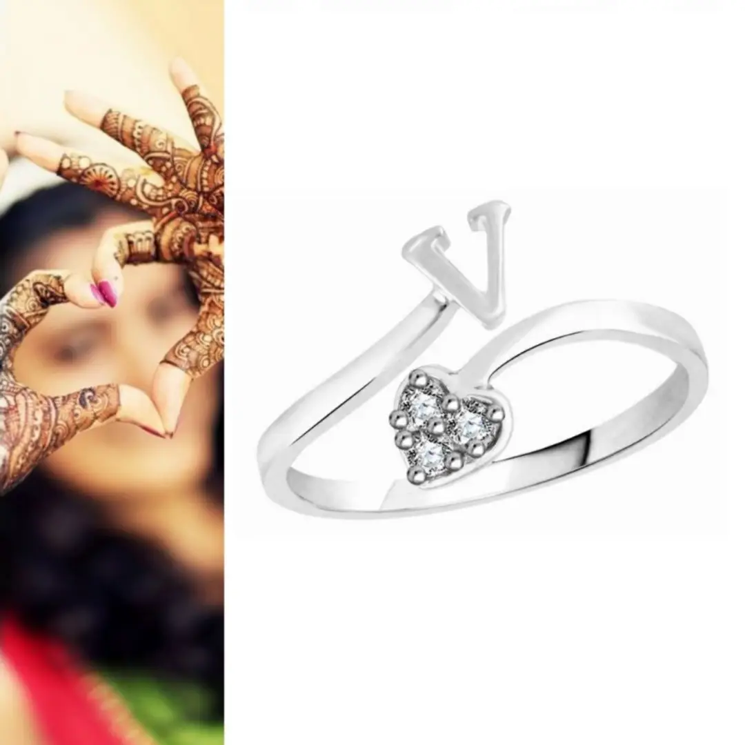 Initial V Alphabet Cz Rhodium Plated Alloy Adjustable Ring For Women And Girls