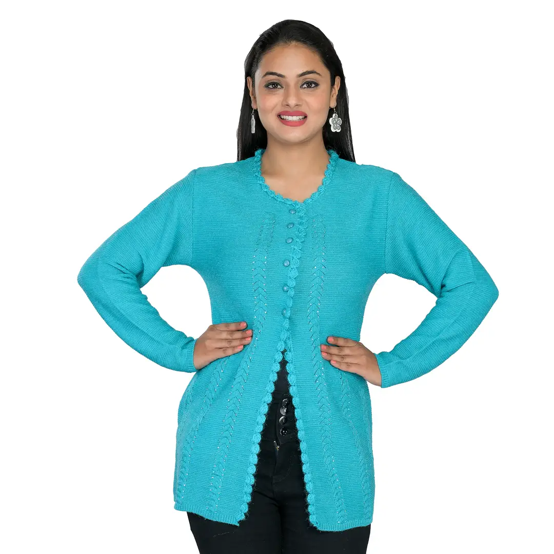 Trendy Turquoise Woolen Six Fancy Button Hand Work Cardigan For Women