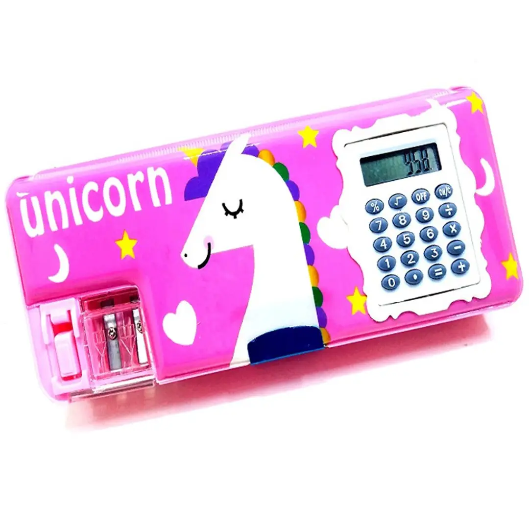 Unicorn Multi-functional Geometry box for Girls/Inbuilt calculator/Two side  open/Double Sharpener pink