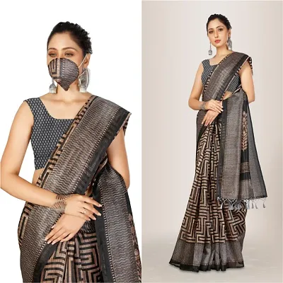 Beautiful Linen Cotton Saree with Blouse piece and matching mask