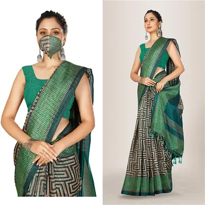 Beautiful Linen Cotton Saree with Blouse piece and matching mask