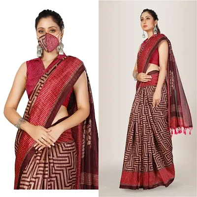 Beautiful Linen Cotton Saree with Blouse piece and matching mask