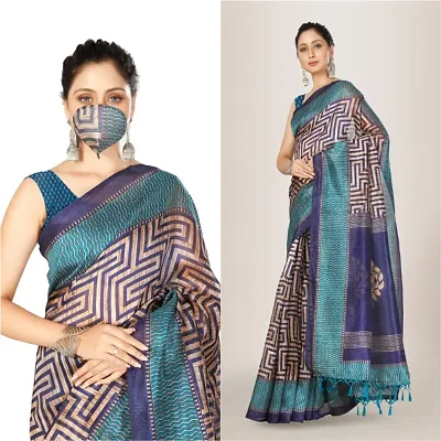 Beautiful Linen Cotton Saree with Blouse piece and matching mask