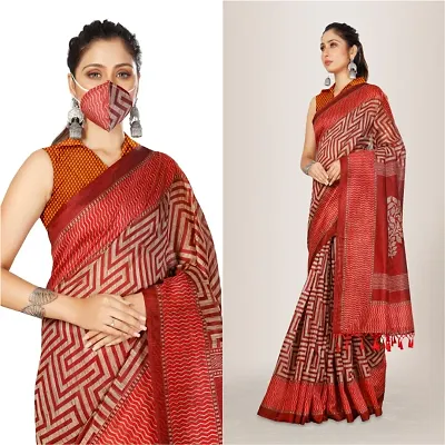 Beautiful Linen Cotton Saree with Blouse piece and matching mask