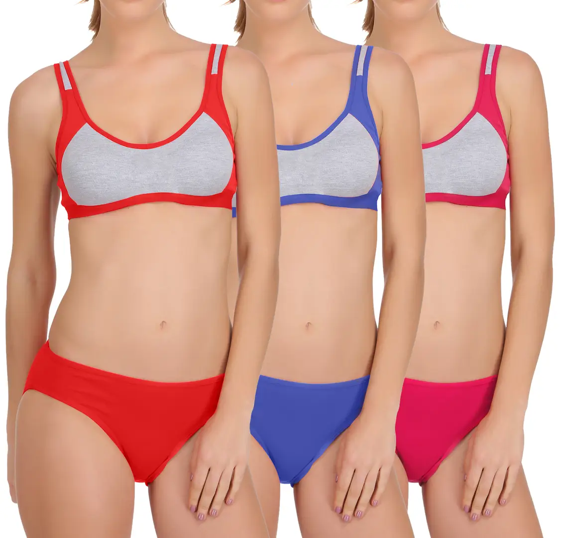 Red-Pink-Blue Bra Panty Set Pack of 3